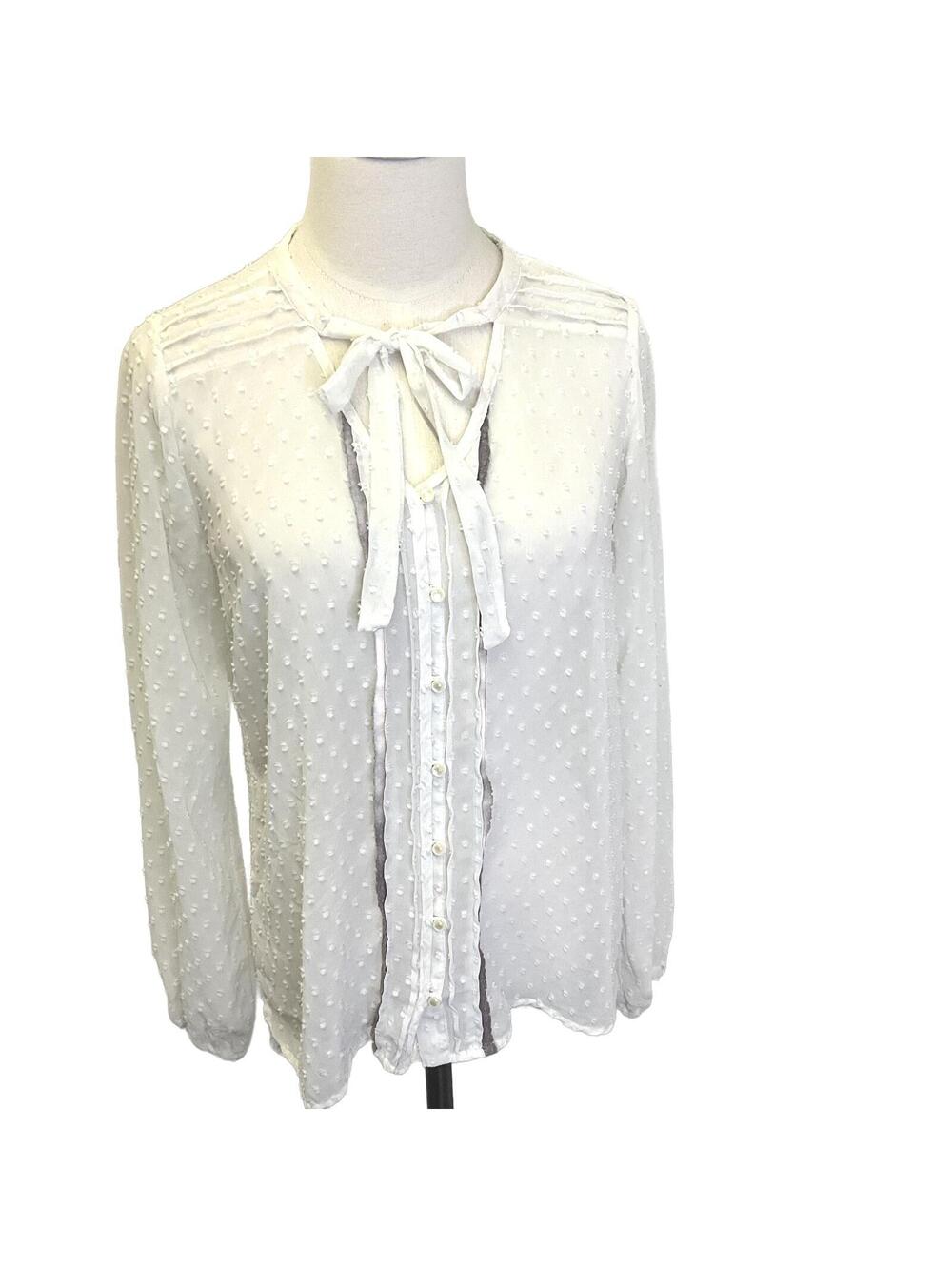 Matilda Jane Womens Medium Ivory Swiss Dot Chiffon Tie Neck Blouse Crochet Top